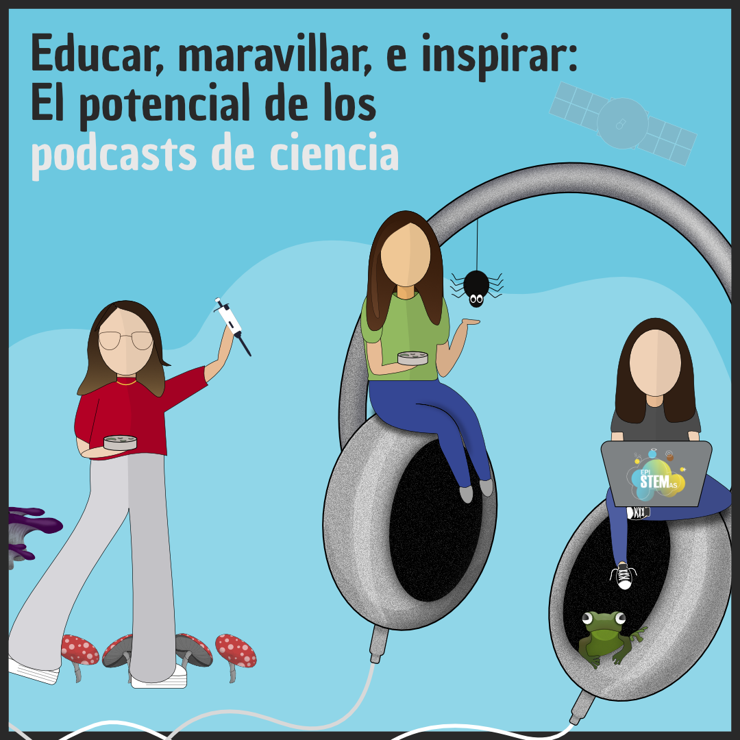 Ilustraciones 2D de las anfitrionas de epiSTEMas sentadas sobre audífonos y rodeadas de animales y elementos STEM. Arriba el título del blog: Educar, maravillar, e inspirar: el potencial de los podcasts de ciencia.